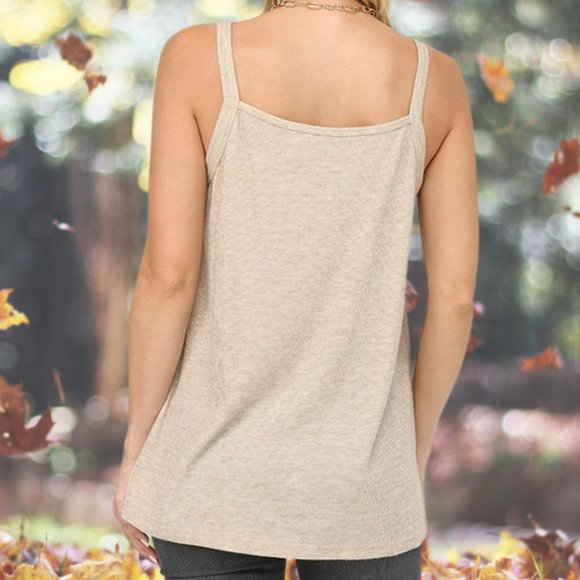 Gigio Oatmeal Ribbed Tank Top With Wood Button Detail - Picture 3 of 9